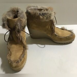 Coach ‘Kataya’ suede leather and fur wedge bootie